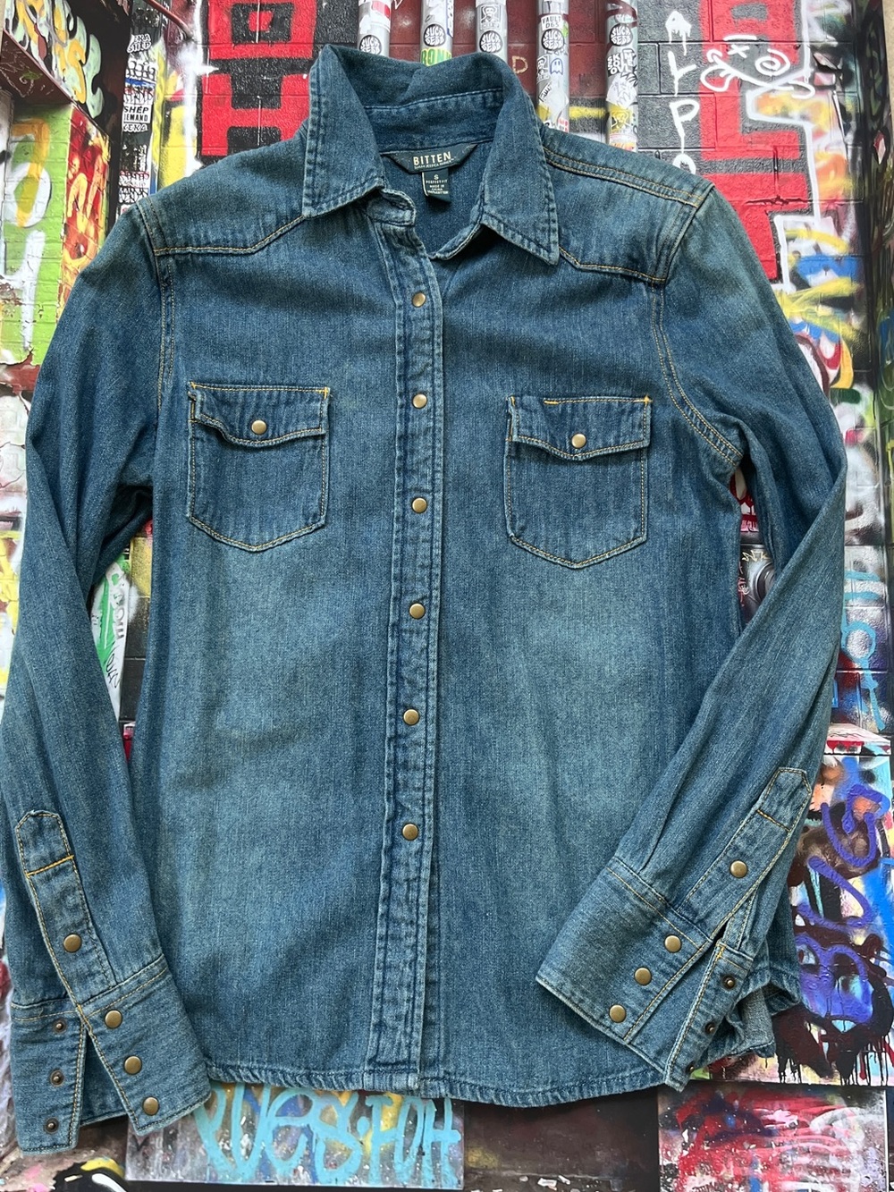 Bitten Denim Button-Down Shirt Jacket in Faded Blue
